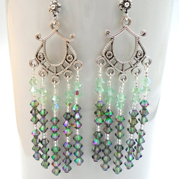 GREEN AB AUSTRIAN CRYSTALS CHANDELIER EARRINGS GORGEOUS - Picture 1 of 1
